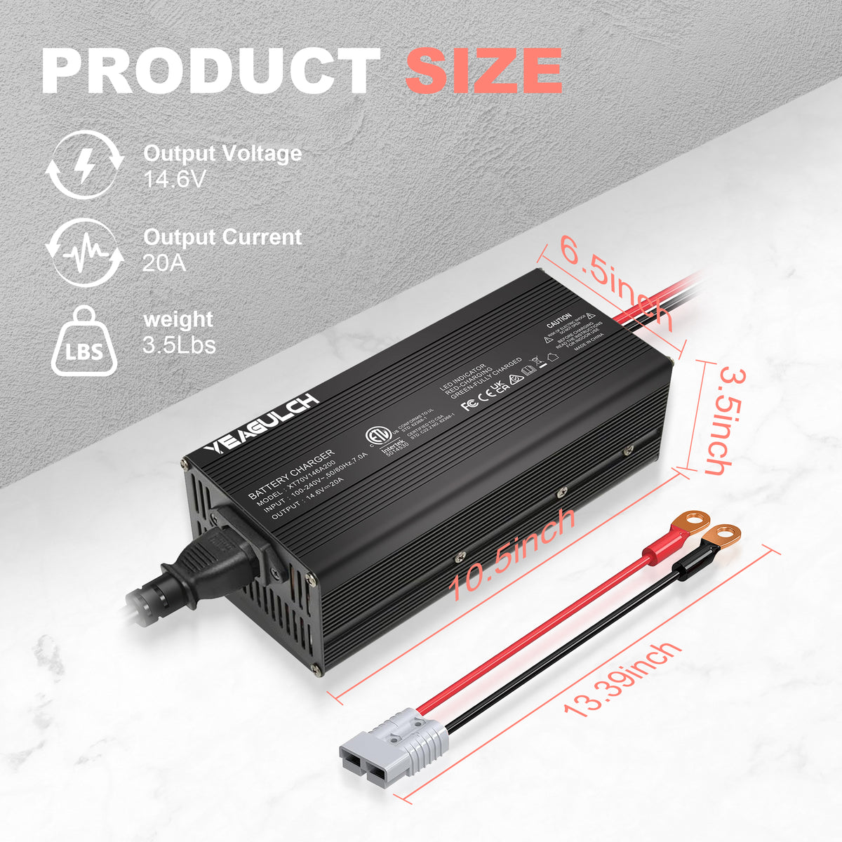 Yeagulch 14.6V 20A LiFePO4 Battery Charger, 14.6V Lithium Battery Charger
