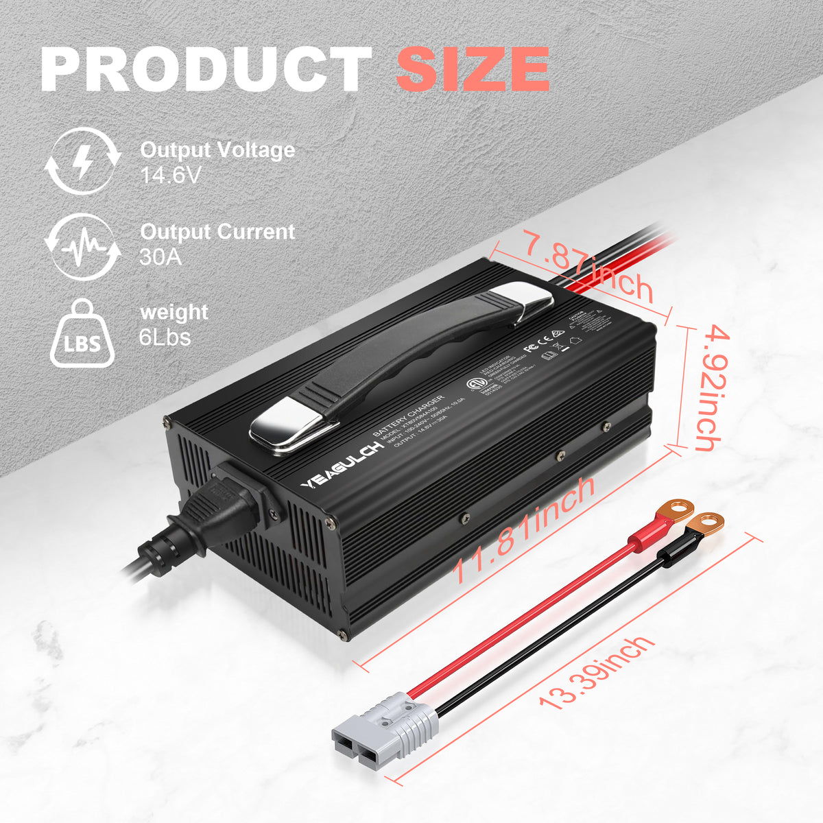 YEAGULCH 14.6V 30A battery charger dimensions and charging leads