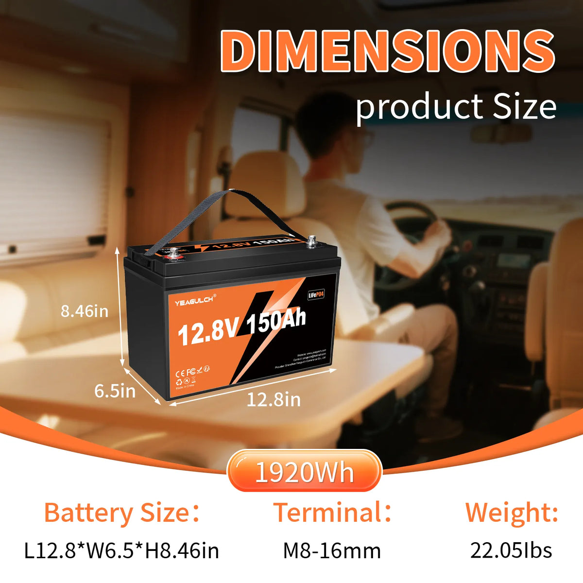 Yeagulch 12V 150Ah Deep Cycle Rechargeable LiFePO4 Battery for RV Camping Solar Off-Grid