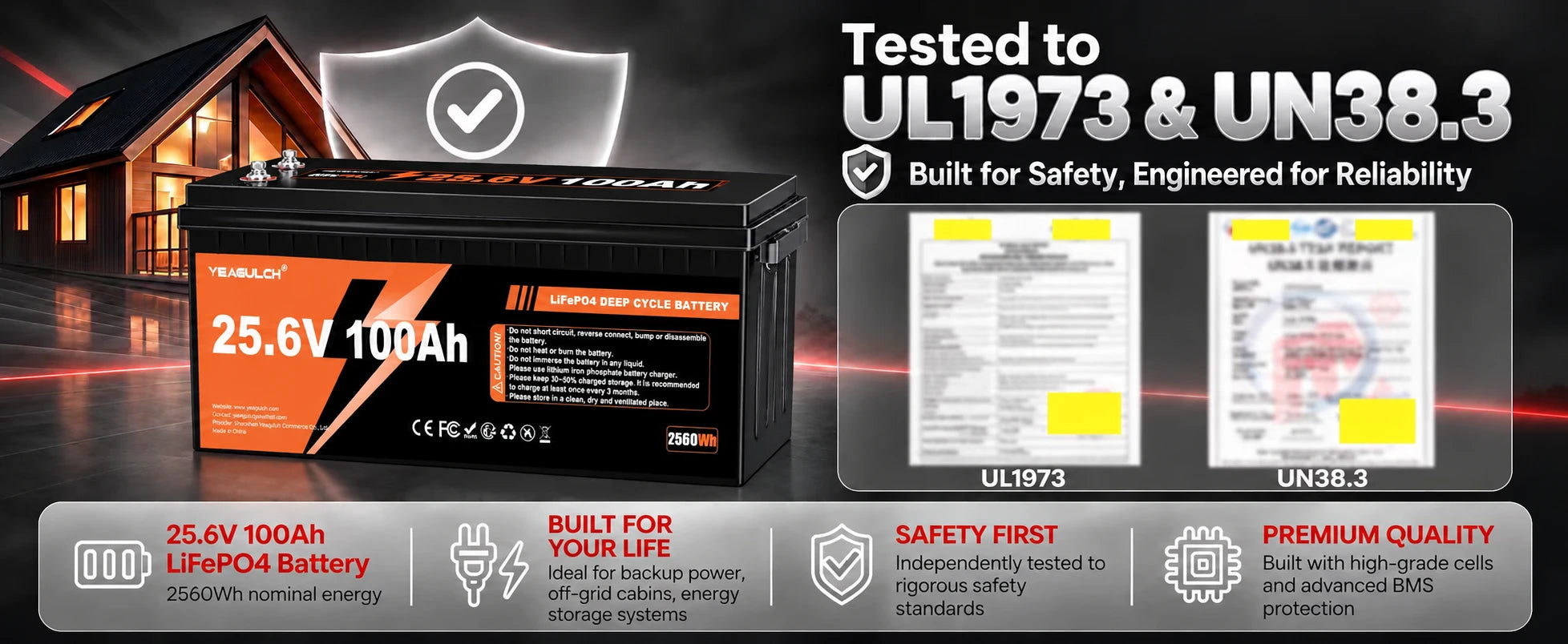 YEAGULCH 25.6V 100Ah LiFePO4 battery safety and reliability advertisement