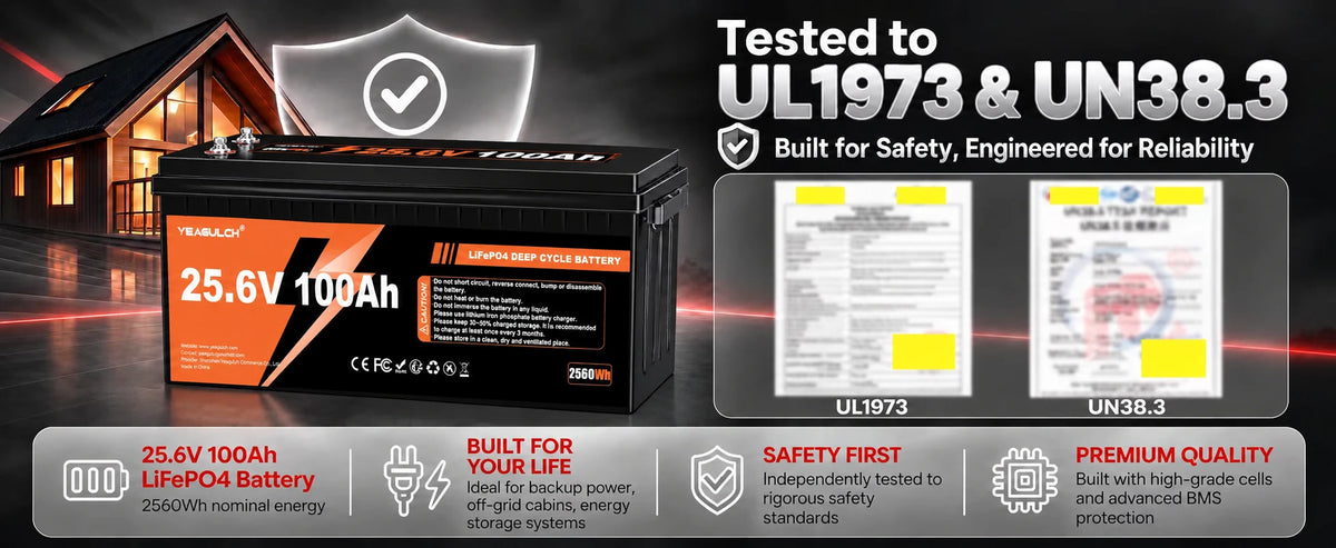 YEAGULCH 25.6V 100Ah LiFePO4 battery safety and reliability advertisement