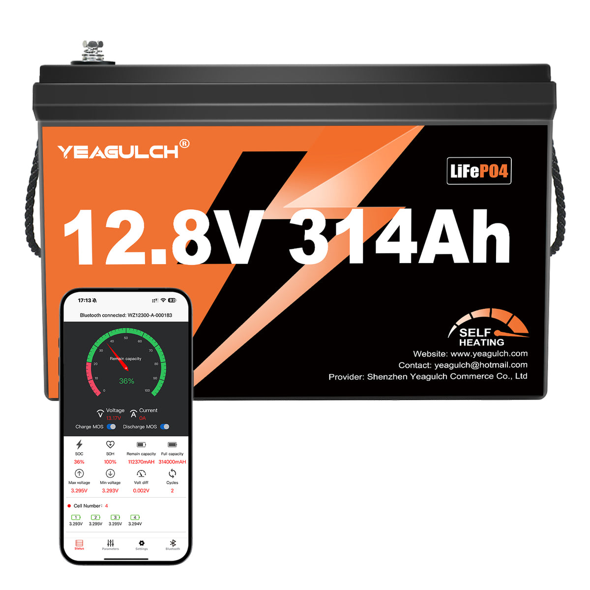 Yeagulch 12V 314Ah Deep Cycle Rechargeable LiFePO4 Battery for RV, Solar, Marine, Camping, Off-Grid, Home Energy Storage