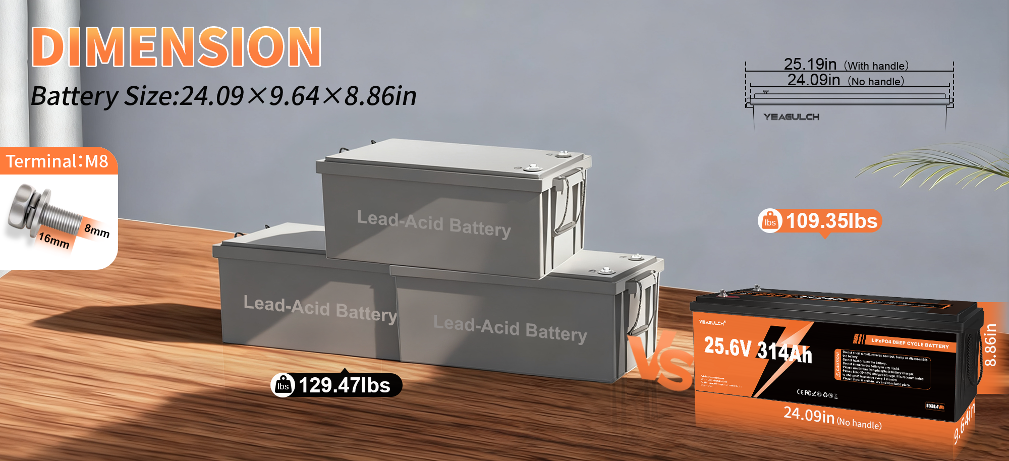 YEAGULCH 24V 314Ah battery dimensions